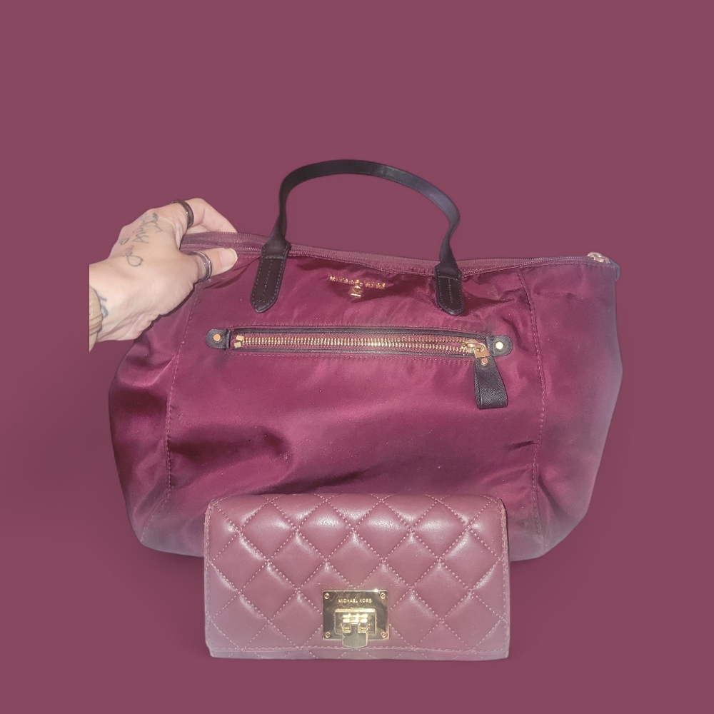Michael Kors Plum Tote and Quilted Wallet